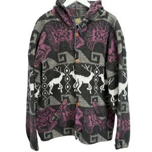 Tejidos Imalaya Button Front Hoodie Black Purple Deer Wool Aztec Design Size XL